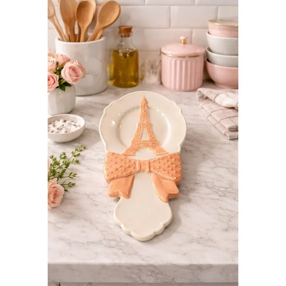 New New Pink Girly Paris Eiffel Tower French W/ Bow Kitchen Spoon Rest Decor